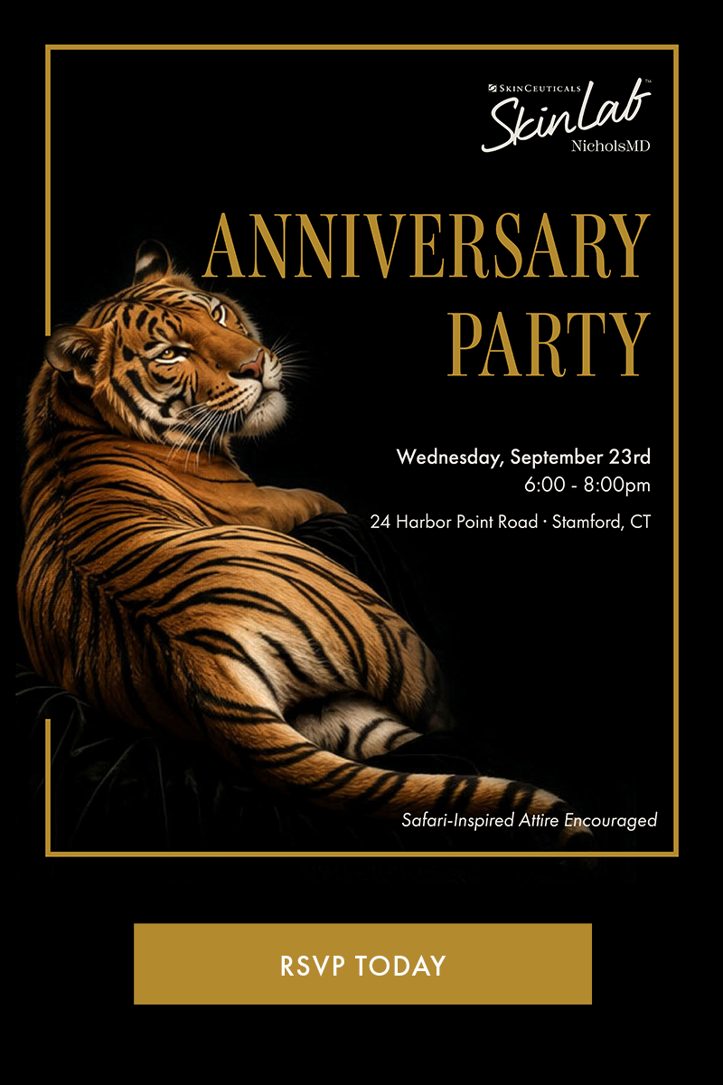 SkinLab NicholsMD Anniversary Party invitation with tiger graphic: Wednesday, September 23rd, 6:00-8:00pm, 24 Harbor Point Road, Stamford CT, safari-inspired attire encouraged, RSVP today