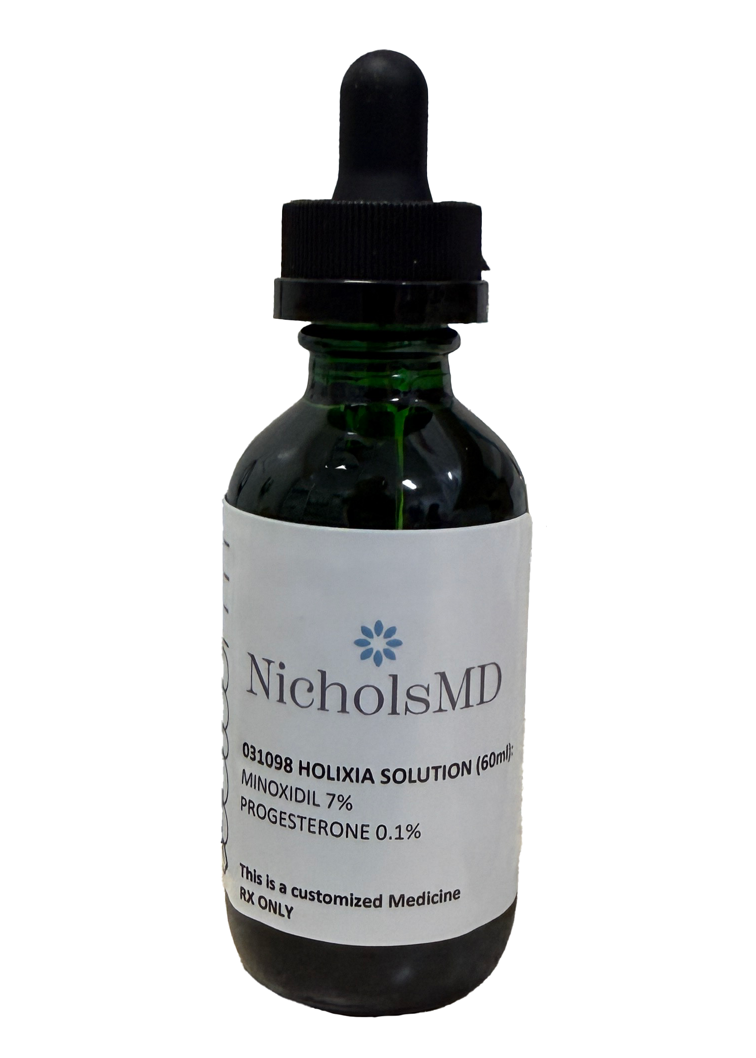 NicholsMD Holixia Solution bottle, a customized medicine (Minoxidil 7%, Progesterone 0.1%), Rx only