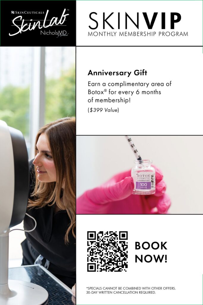 SkinVIP Monthly Membership Program flyer for SkinLab NicholsMD: Anniversary Gift offer of a complimentary area of Botox for every 6 months of membership ($399 value), with QR code to book now